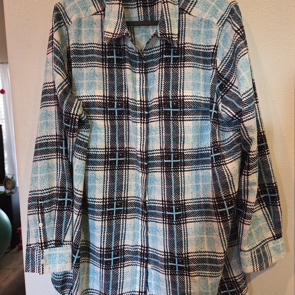 Talbots Blue and Black Plaid Blouse 2X
